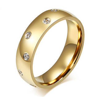 Zlacený ocelový prsten se zirkony, šíře 6 mm, vel. 52